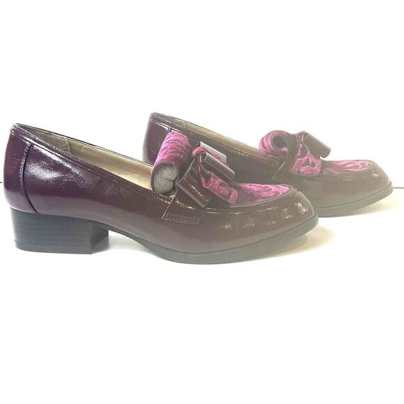 Ruby Shoo Burgundy Glossy Slip On Low Heel Velvet Bow Women's US 5 UK3 EU 36 NEW - Picture 4 of 11